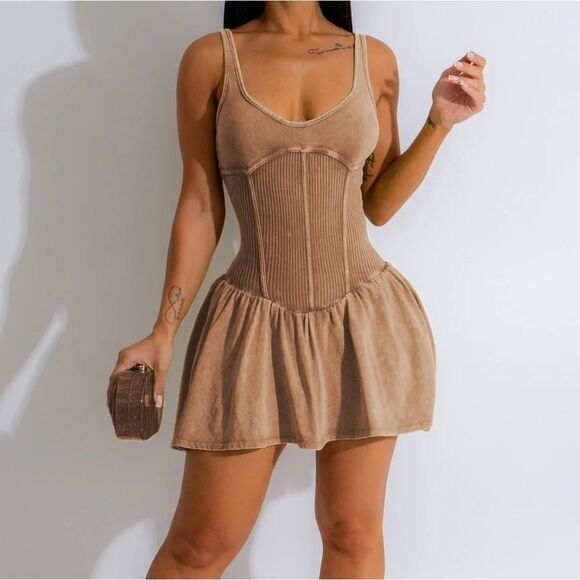 Mini Skort Ribbed Romper Dress - Picture 1 of 3